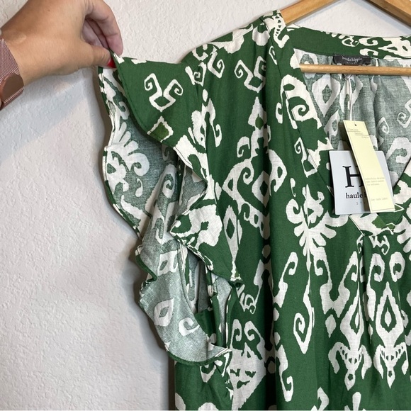 NWT Haute Hippie Top Green Linen Blend Boho Ikat Popover Shirt Blouse Size 3XL - Picture 2 of 8